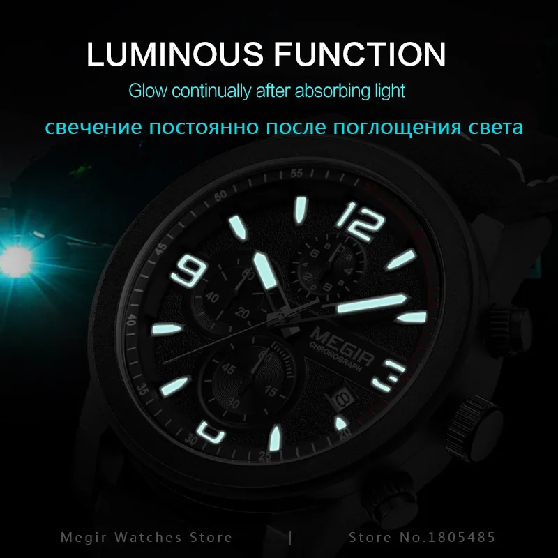 Megir Mens Chronograph Luminous Hands Waterproof Wristwatches Fashion Large Dial Calendar Leather Band Quartz Watch for Man