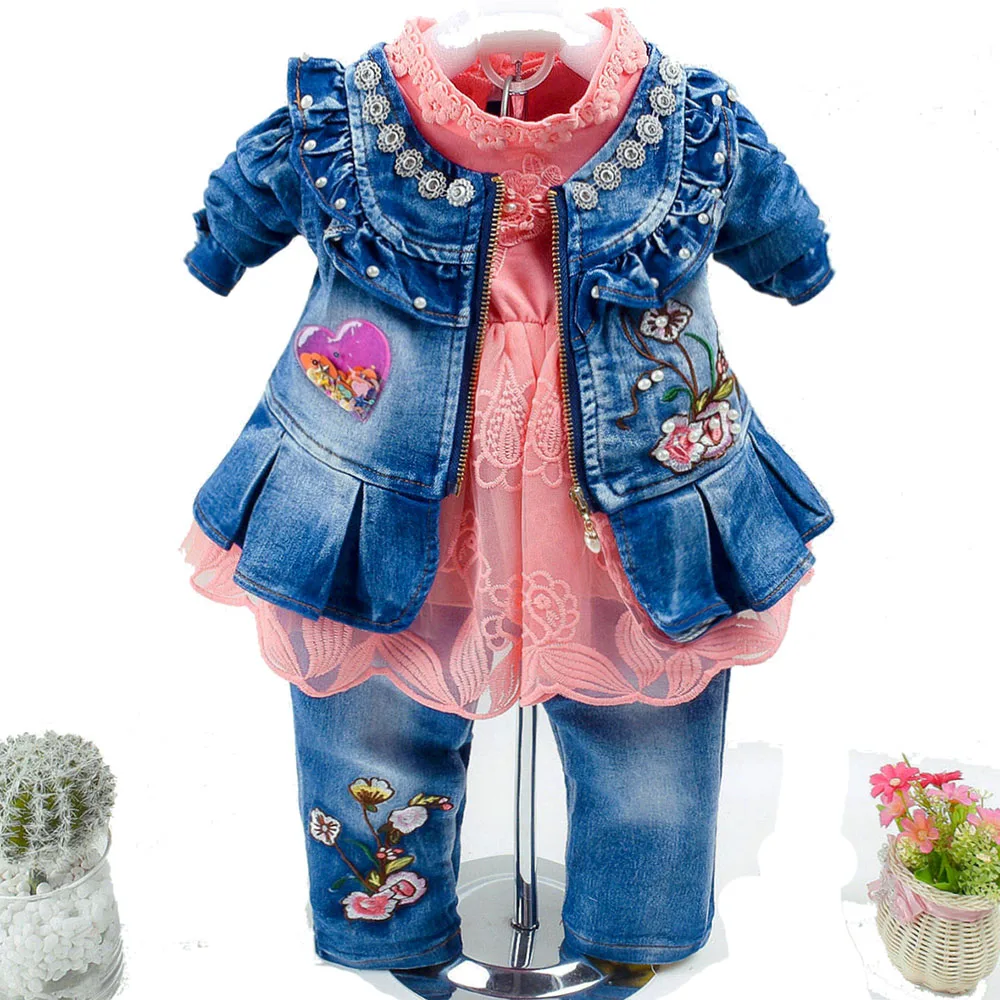 Spring Autumn Infant Baby Girl Denim Clothing Sets 3 pcs Long Sleeve T Shirt Dress Tops Denim Jacket and Jeans Trousers Pants