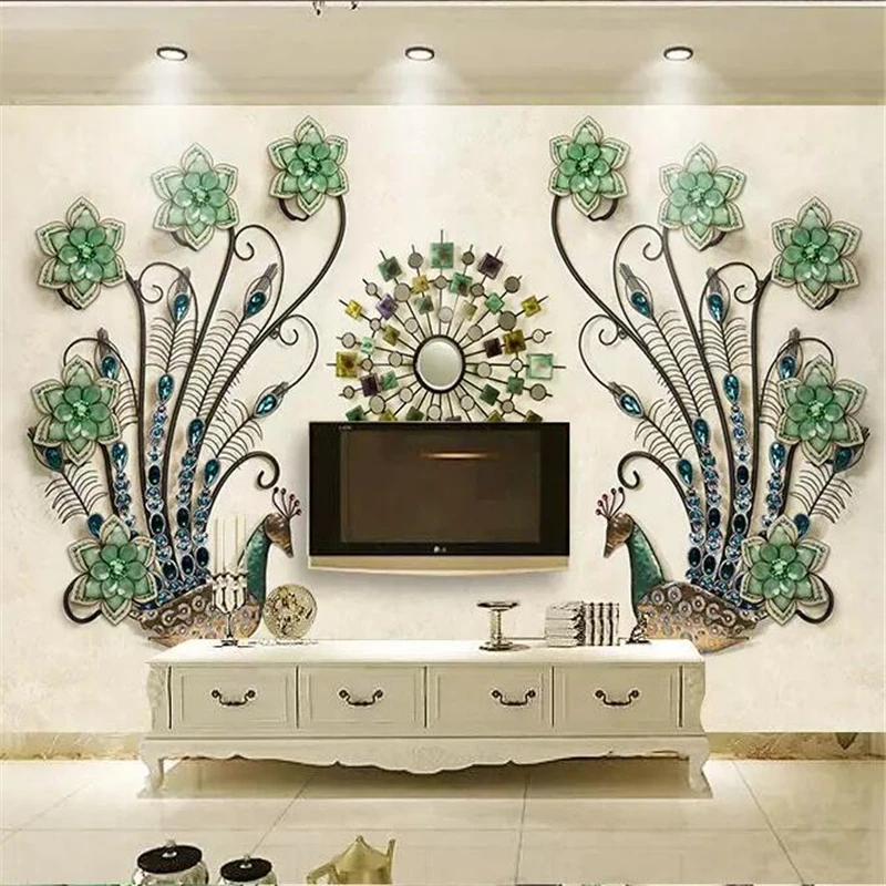 

wellyu Custom wallpaper 3D stereo mural creative diamond green peacock background painting wall papers home decor papel de pared