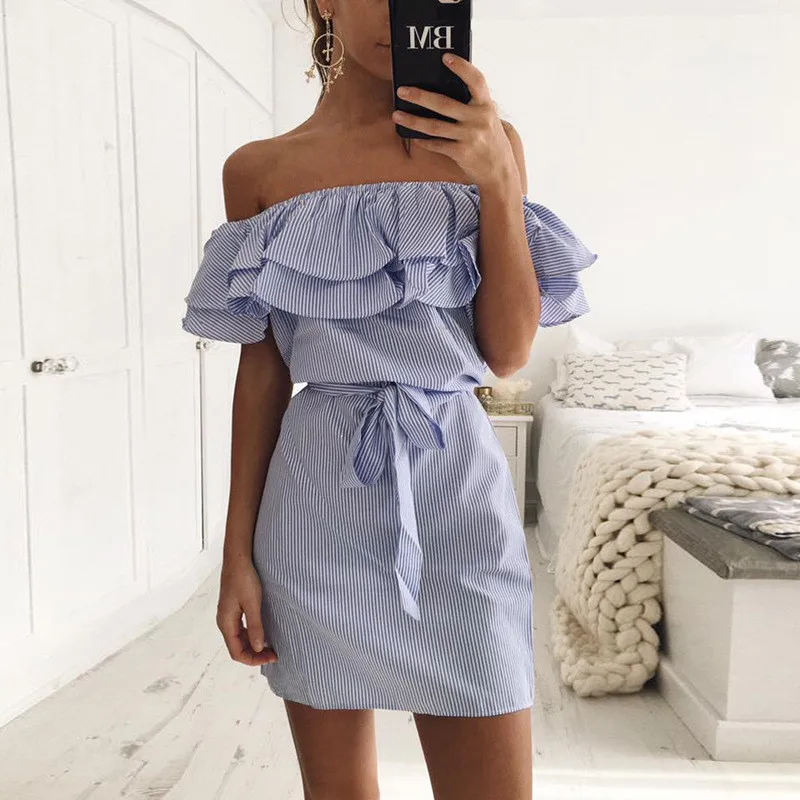 

2024 Summer Casual Simple Solid Color Sexy Off-the-shoulder Short Skirt Korean Versatile Waist Thin Women Dress Free Shipping