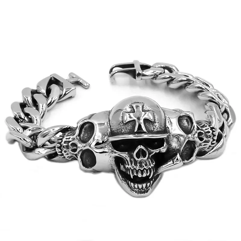 Vintage Hat Cross Skull Bracelet Stainless Steel Jewelry Personality Large Skull Motor Biker Mens Boys Bracelet SJB0348A