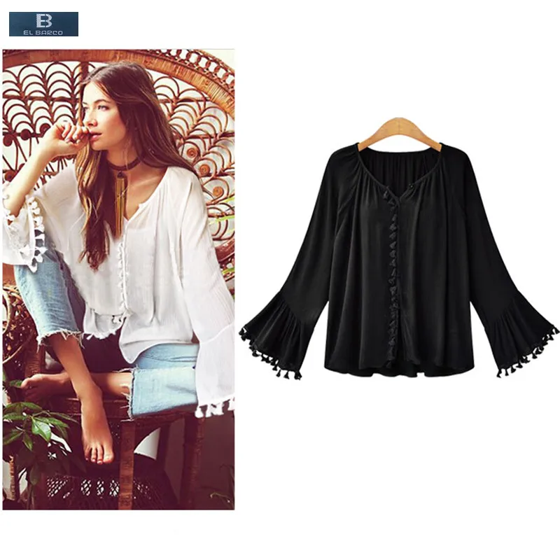 [EL BARCO] Cotton Linen Chiffon Blouse Shirts Women Blusa Summer Long Flare-Sleeve V-Neck Tassel Female Clothing Plus Size M-3XL