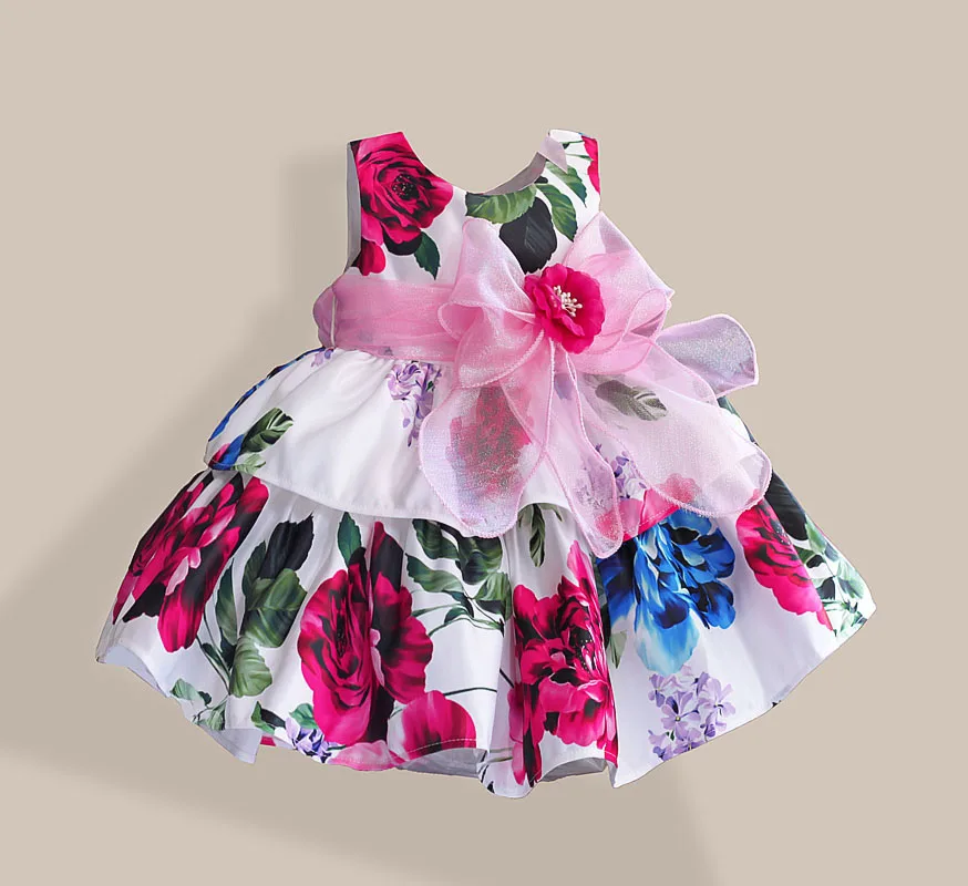 Super Bow Girls Dresses Fashion Silk Bow Rose Flower Print Sleeveless Girl Party Dress children clothing vestidos infantis 1-6T