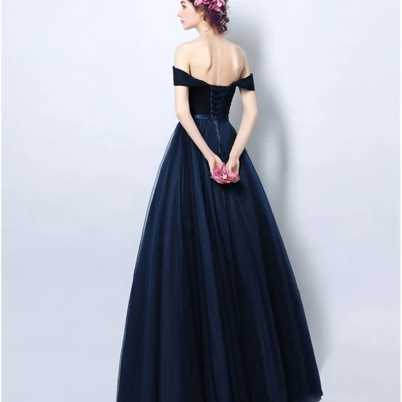 ruthshen 2020 Navy Blue Prom Dresses Off Shoulder Pleated Tulle Long Evening Gowns Cheap Elegant Formal Party Dress