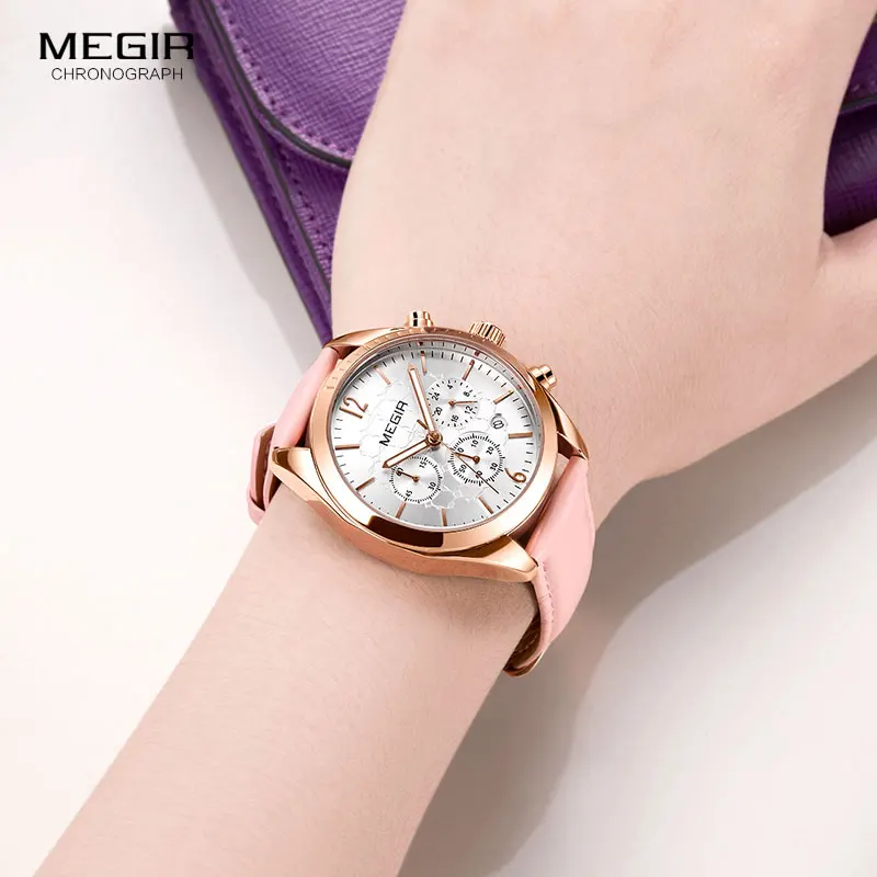 Megir Women\'s Leather Quartz Watches Chronograph Clock 24 Hours Waterproof Wristwatch for Lady Girl Relogios Femininos 2115 Pink