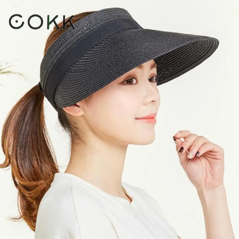 

COKK Summer Hats For Women Wide Brim With Bow Sun Hat For Beach Outdoor Straw Hat Female Tennis Visor Chapeu Feminino Toca