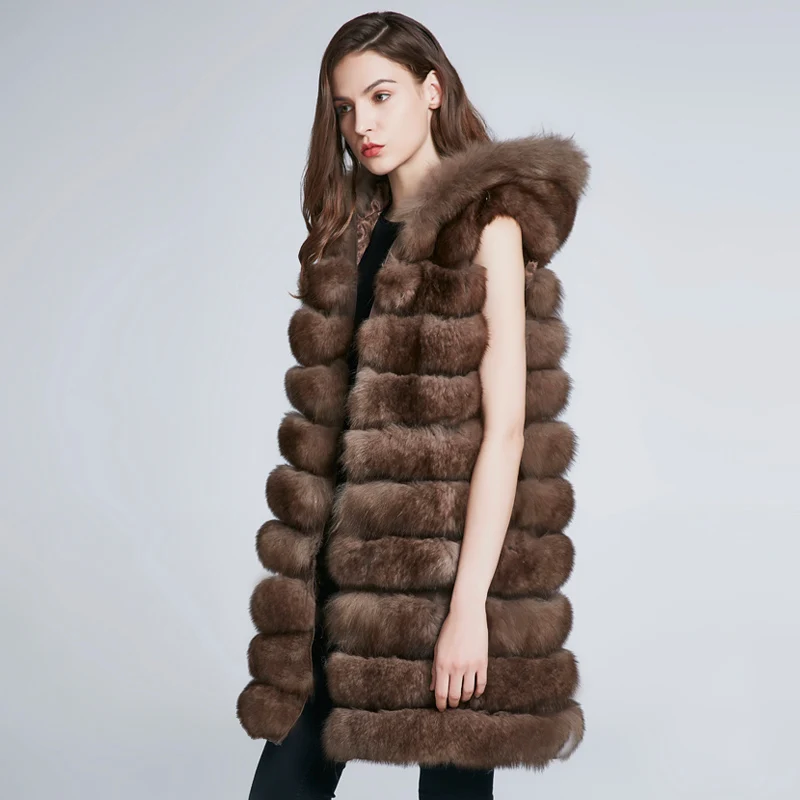 Women's Coat Winter Fur Collar Natural Fur Fox Coat Can Change Length Long Leather Coat Hat 2024 New Stripe Fashion