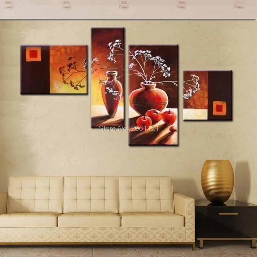 

hand made 4 panels traditional still life vase flowers oil painting tawny Red-brown wall canvas picture home decoration art sets