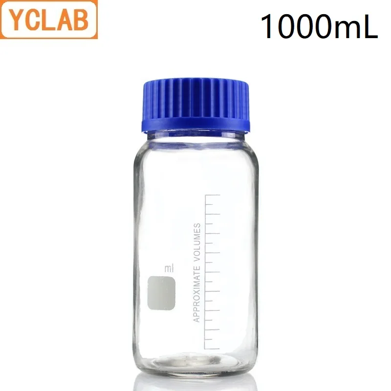 

YCLAB 1000mL Reagent Bottle Wide Screw Mouth with Blue Cap 1L Transparent Clear Glass Medical Laboratory Chemistry Equipment