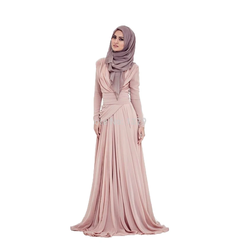 

New 2019 A-line High Collar Long Sleeves Champagne Hijab Underscarf Dubai Moroccan Kaftan Muslim Evening Dresses Prom Dress Gown