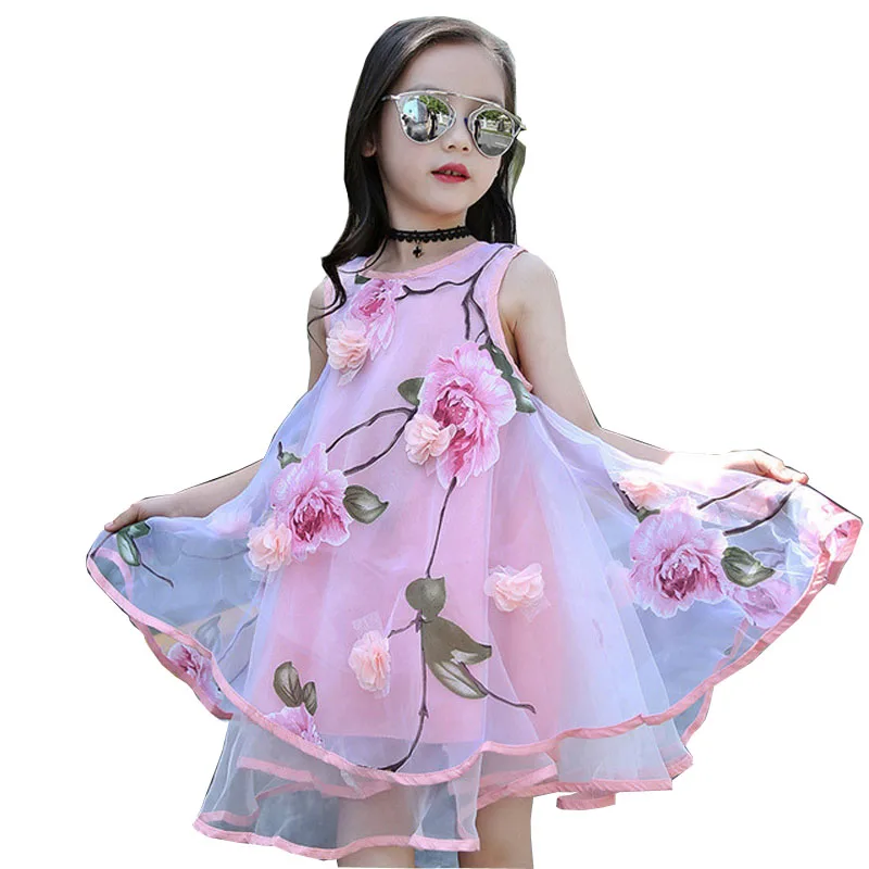 

2024 Summer Girls Kids Flower Knee Sleeveless Dress Baby Children Clothes Infant Party Dresses 6 7 8 9 10 11 12 13 14 15 years