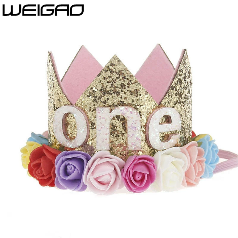 WEIGAO, 1 Uds., 1, 2, 3 gorras de cumpleaños, corona de flores, sombrero de 1er cumpleaños, diadema de cumpleaños para bebé recién nacido,