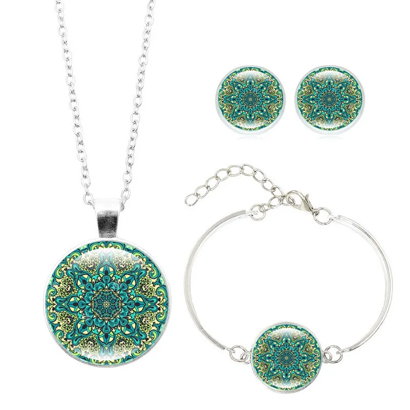 Mandala Flower Jewelry Sets Pendant Necklace Bracelet Earrings Sets Glass Cabochon Religious Buddhism Jewelry