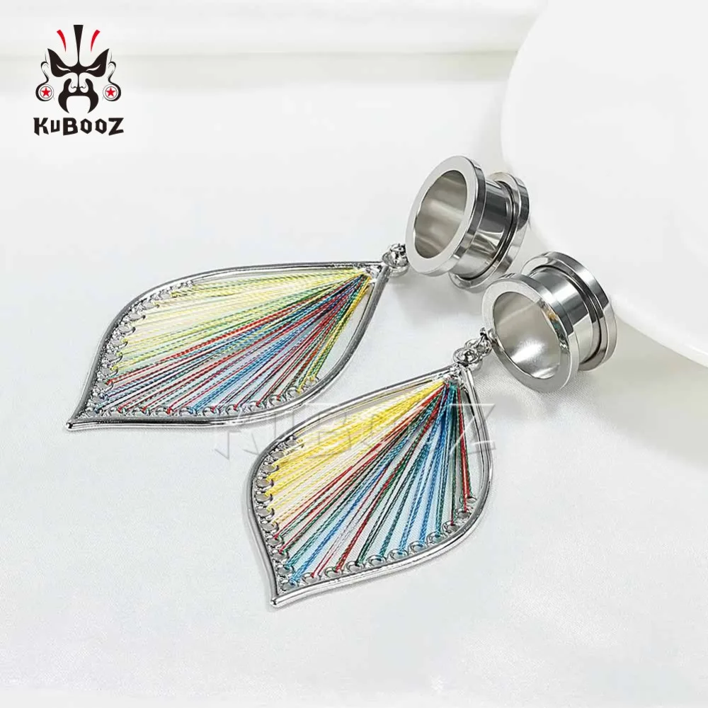 KUBOOZ Ear Plugs Tunnel Gauges Leaves Dangle Piercing Stretcher Stainless Steel Body Jewelry Screw Expander Fashion Earring Gift