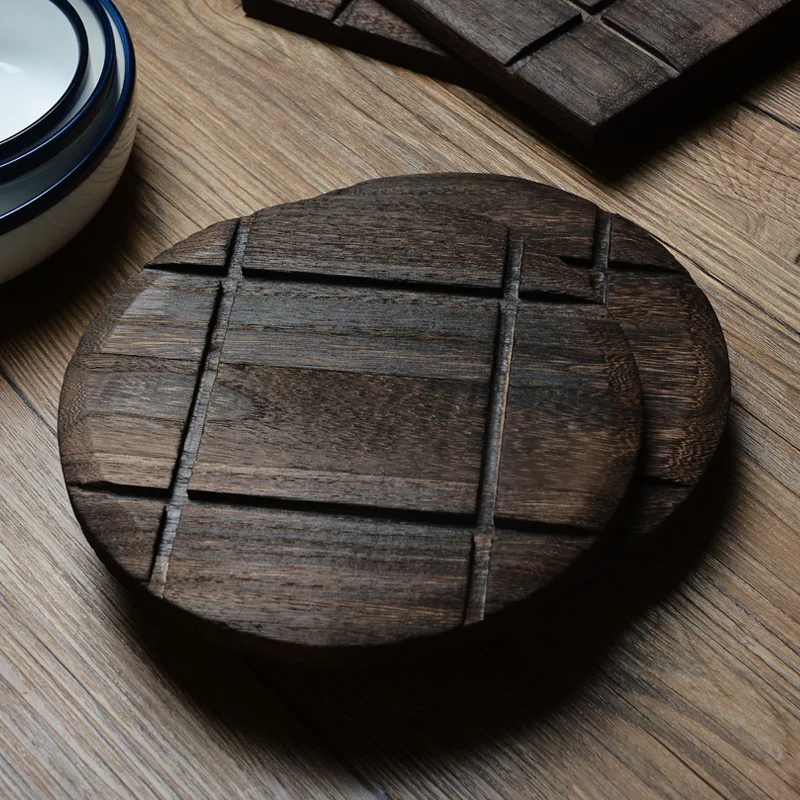 Placemat Wood Plate Pad Hot Insulation Tea Cup Pot Mat Set Vintage Rustic Kitchen Accessories Home Decorations 2PCS Set