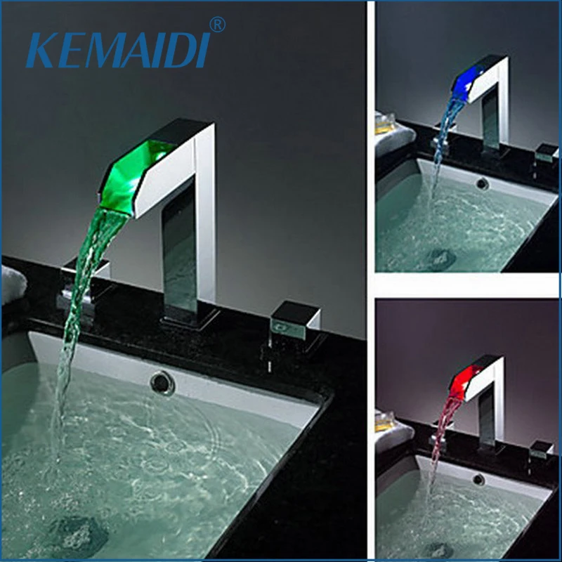 KEMAIDI Waterfall Faucets Deck Mounted  Mixers & Taps Water Power LED Basin Mixer Chrome Bathtub LED Faucet 3 PCS Set