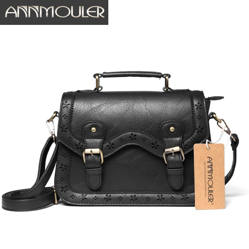 Annmouler High Quality Women Crossbody Bag Vintage Shoulder Bag Black Small Handbags Pu Leather Satchel Bag HollowOut Briefcase