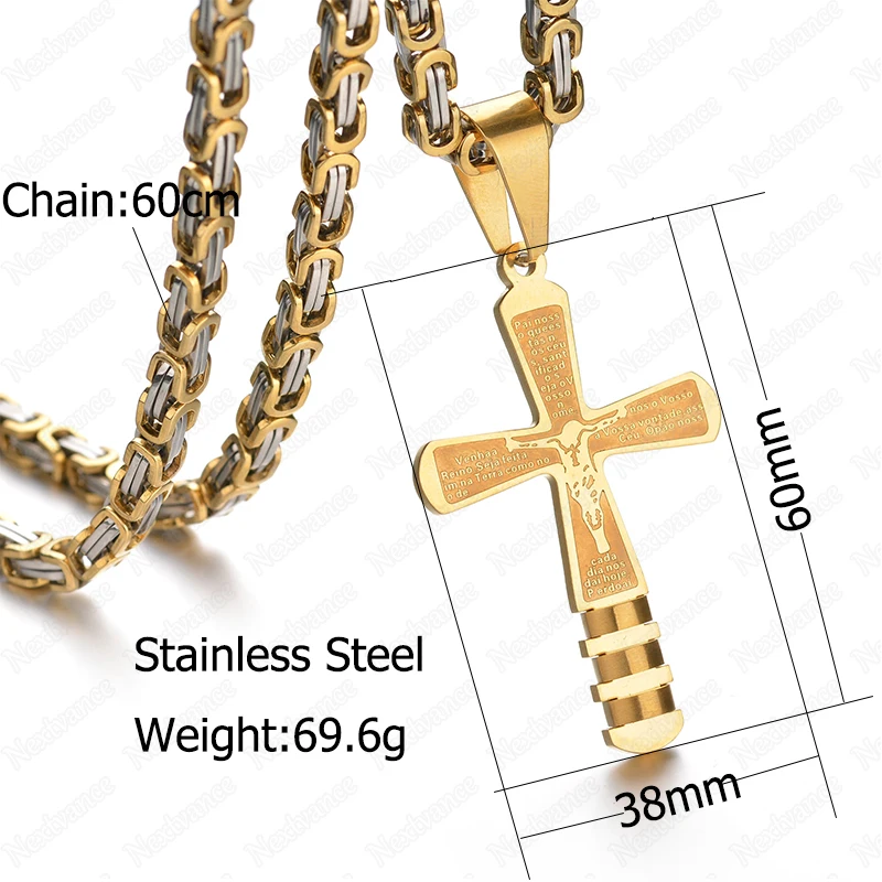 Nextvance Gold Color Bible Cross Pendant Necklaces Stainless Steel Lord's Prayer Crucifix  For Women Men Amulet Jewelry Gift