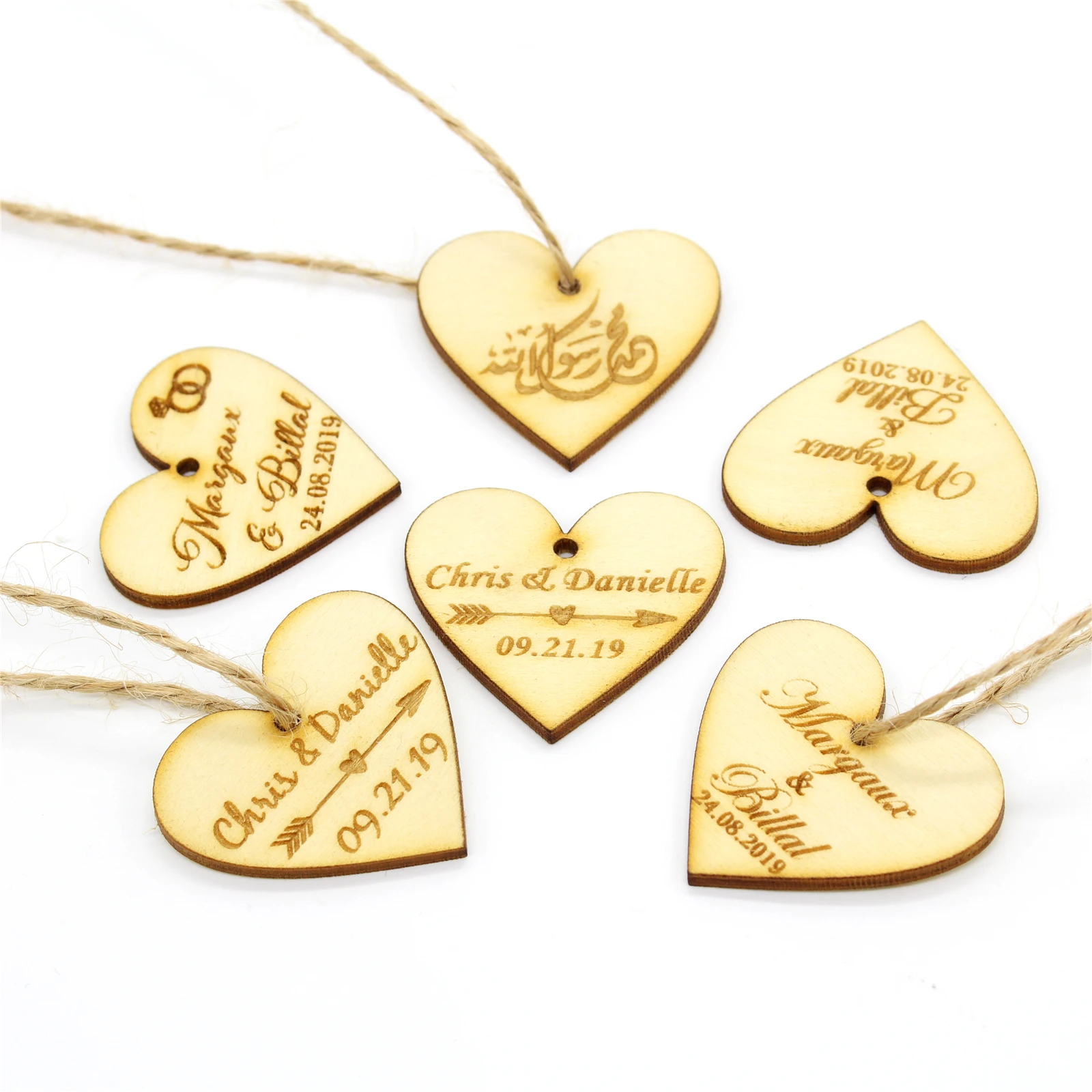 50Pcs Personalized Engraved Wooden Wine Charm, Custom Wood Label Tags, Wedding Heart Gifts Tags, Rustic Bridal Shower Favor Tags