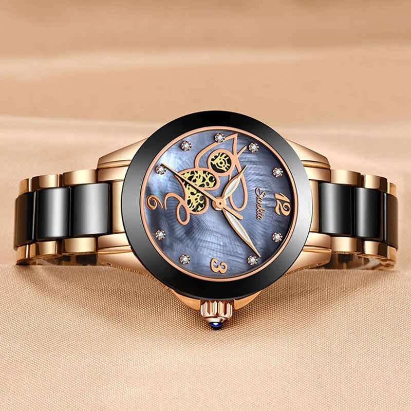 SUNKTA Top Qualität Damen Strass Uhr Luxus Rose Gold Schwarz Keramik Wasserdichte Uhren Frau Klassische Serie Damen Uhr