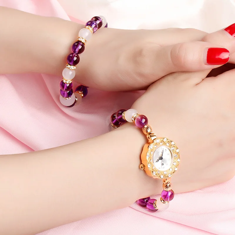 Women's Watches Small and Delicate Amethyst Crystal Agate Gold Zircon stone Waterfront Wrapped Bracelet lady Quarz wrist watch