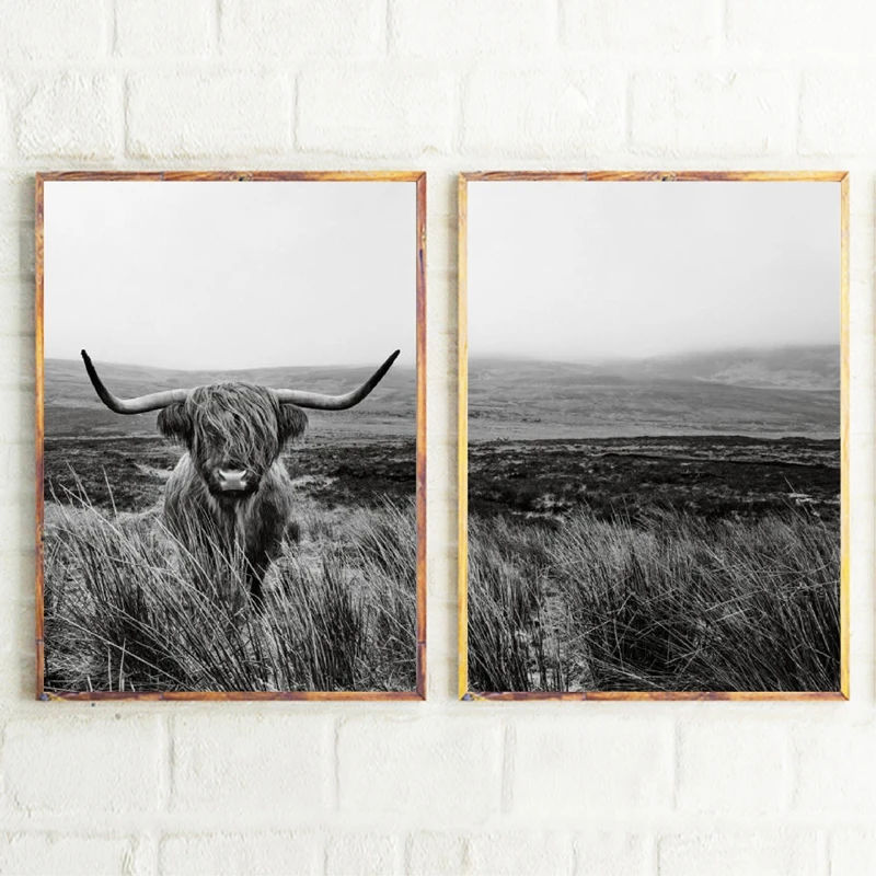 Highland Cow Print and Poster , Farm Animal Wall Art Scottish Cow Canvas Painting Black White Pictures Farmhouse Kitchen Decor