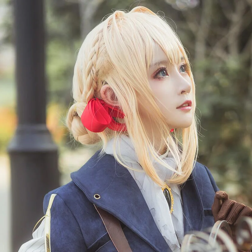 Violet Evergarden Ponytail Braid Buns Blonde Hair Heat Resistant Cosplay Costume Wig + Wig Cap + Ribbon