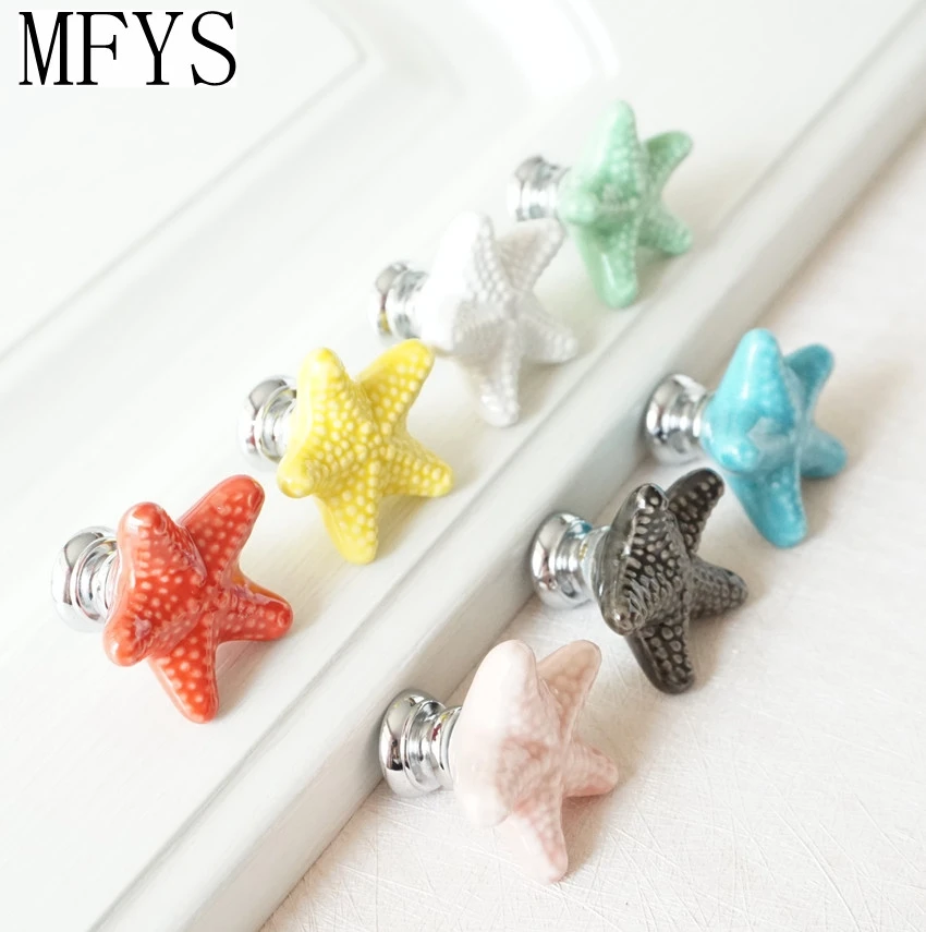 Ceramic Colorful Dresser Knobs Starfish Drawer  Cabinet Knobs Kitchen Cupboard Knobs Decorative Handle Red Pink Yellow