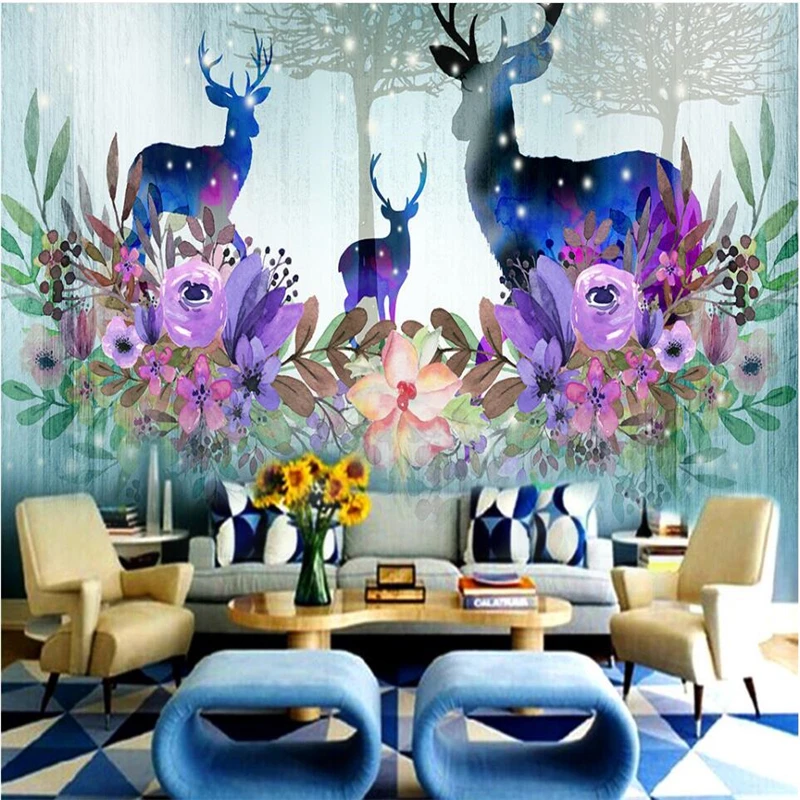 

beibehang Custom large murals nordic hand-painted watercolor elk decorative sofa bed wall background wallpaper papel de parede