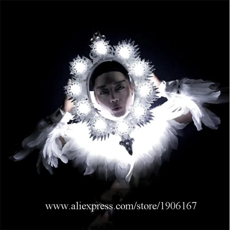 Nightclub Men DS White Feather Clothing LED Magic Mirror Costumes Valentine's Day Gift White Performance DJ Singer Dancer Outfit