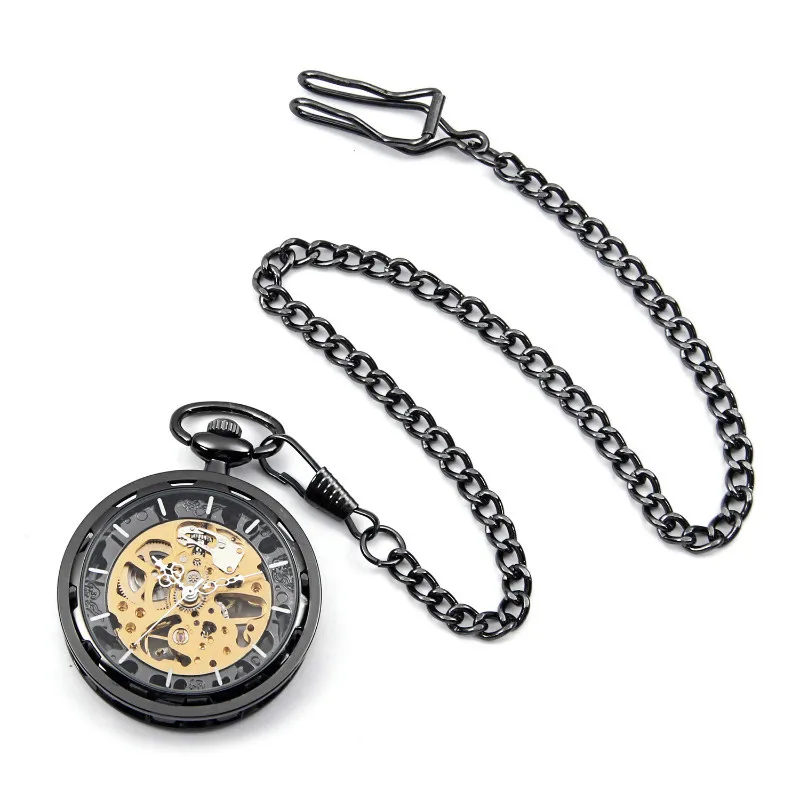 Vintage Gold Transparent Skeleton Pocket Watches Steampunk Hand Winding Mechanical Pocket Watch Fob Clock Men Gift DAD Jewelry