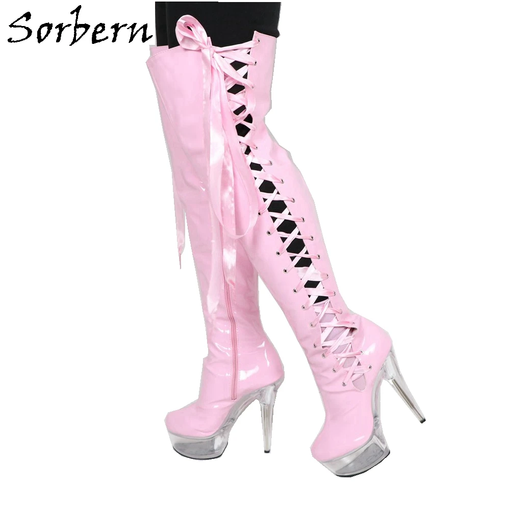 Sorbern 15cm Pink Patnet Leather Women Boots 2019 New Boots For Womens Lace Up Ladies Party Boots Botines Mujer Shoes