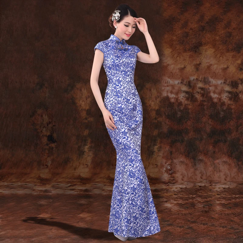 Gaun Wanita Cheongsam Panjang Ekor Ikan Duyung Gaya Tradisi Tiongkok Porselen Biru & Putih Setelan Tang Ditingkatkan Qipao