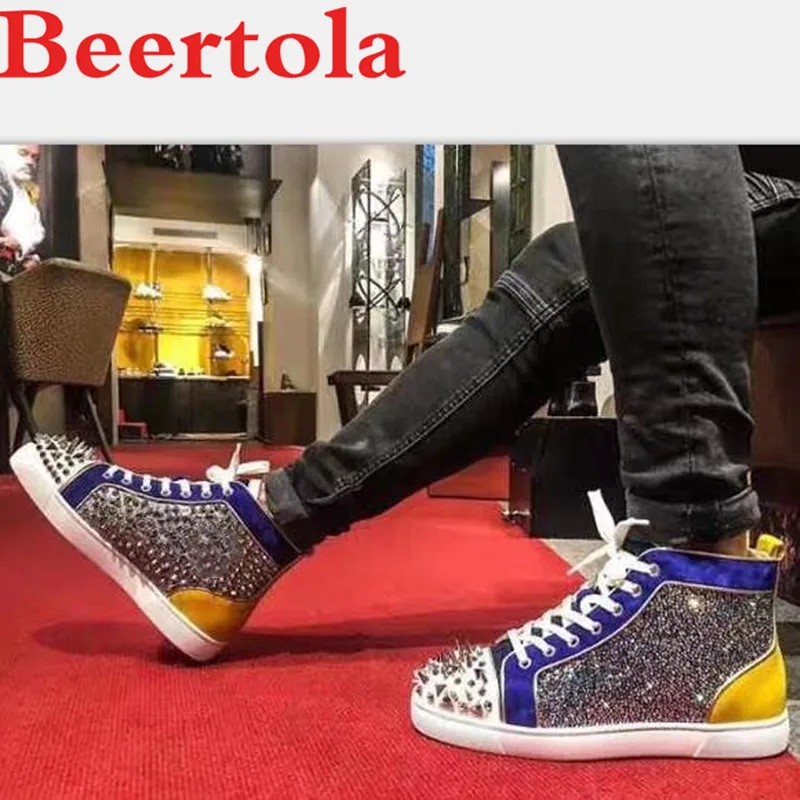 Beertola New 2019 Casual Men Shoes Mixed Color Spikes Crystal Street Style Fashion Boys Rivets Round Toe Lace Up Chaussures Male