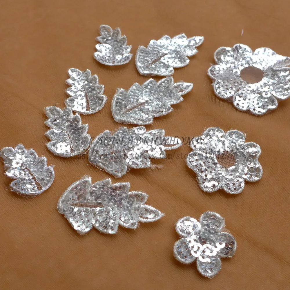 

La Belleza beautiful silver Sequins flowers leaves patch wedding dress epaulet 100/lot wholesale different size