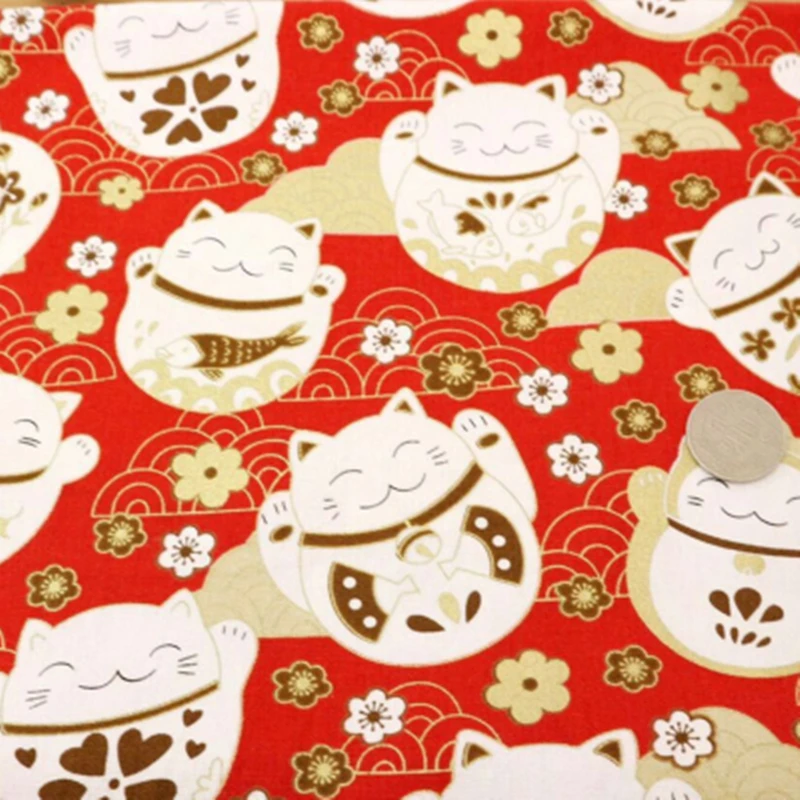 Half Yard Japanese Soft Breeze Gilt Fabric With Fortune Cat Rabbit Print, Handmade DIY Quilting Bag Tissue CR-A100