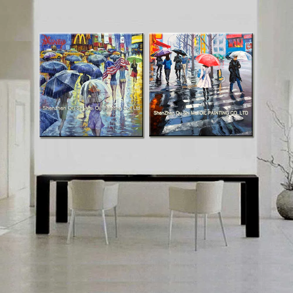 Hand Painted New York Rain Street Landscape Oil Paintings  Umbrella Crowds Knife People Oil Painting on Canvas For Room Decor