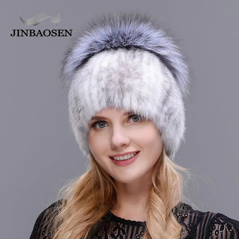 JINBAOSEN-Casquettes de ski pour femmes d\'âge moyen, fourrure de vison, chapeau pull pour femme, style européen et américain, mode hivernale