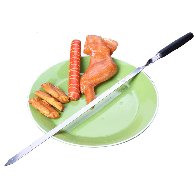 Stainless Steel BBQ Sticks with Wooden Handle, Long Meat Flat Forks, Camping Party BBQ Tool Set, Kitchen Tool, 55cm, 22inch