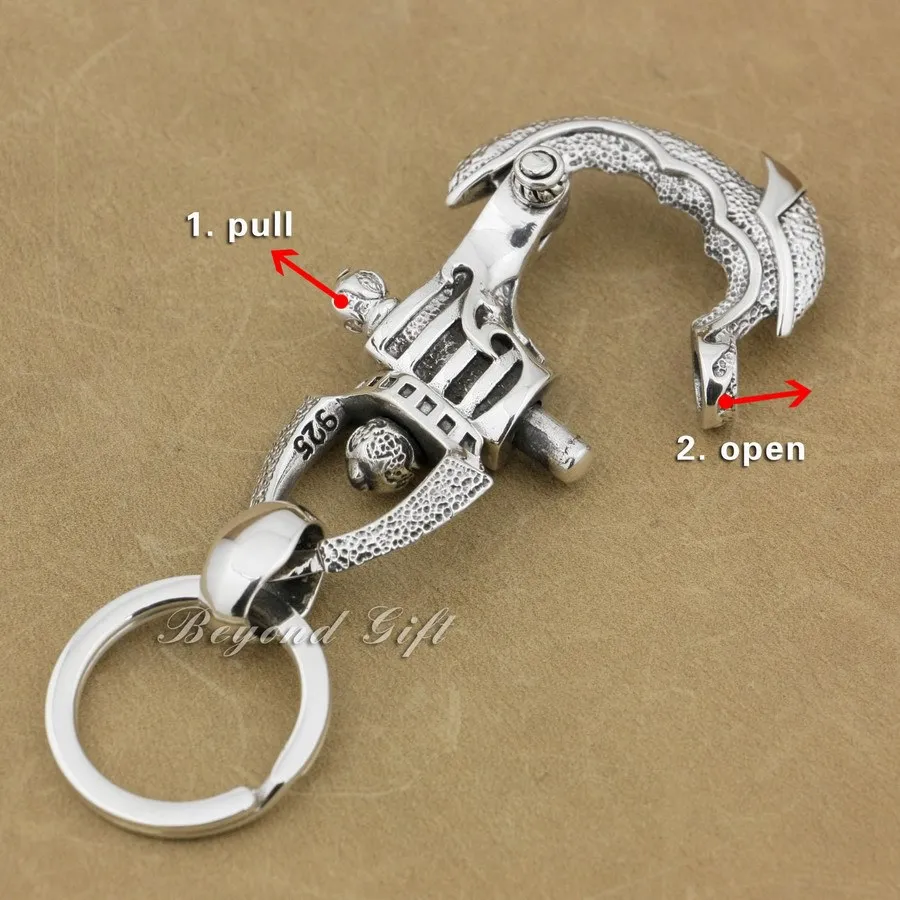 Huge Heavy 925 Sterling Silver Armor KeyRing Mens Boys Biker Rock Punk Keychain Belt Clip 8J018