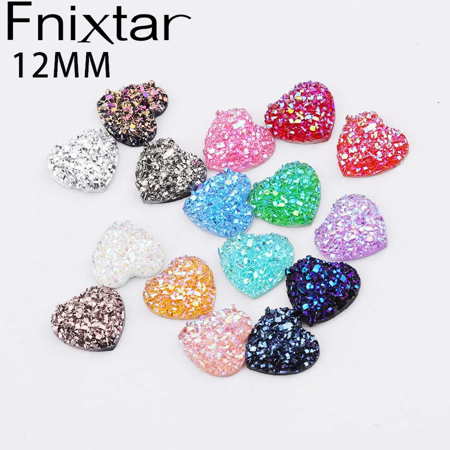 Fnixtar 50Pcs 12mm Resin Faux Druzy Heart Cabochon Flatback Glitter Imitation Crystal Stone Resin Cabochon For Charms Earrings