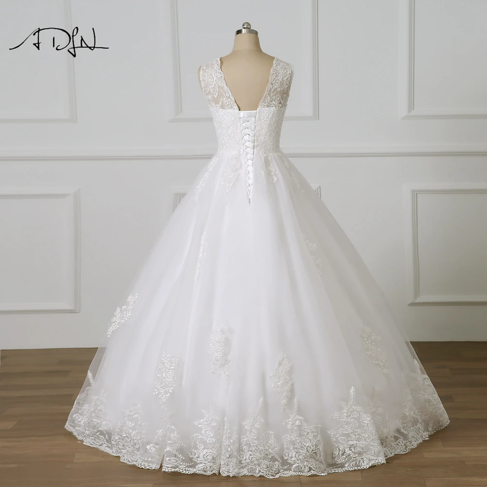 ADLN V-neck Ball Gown Lace Wedding Dresses Sweep Train Delicate Beaded Belt Vestidos de Novia Plus Size Bridal Gowns for Women