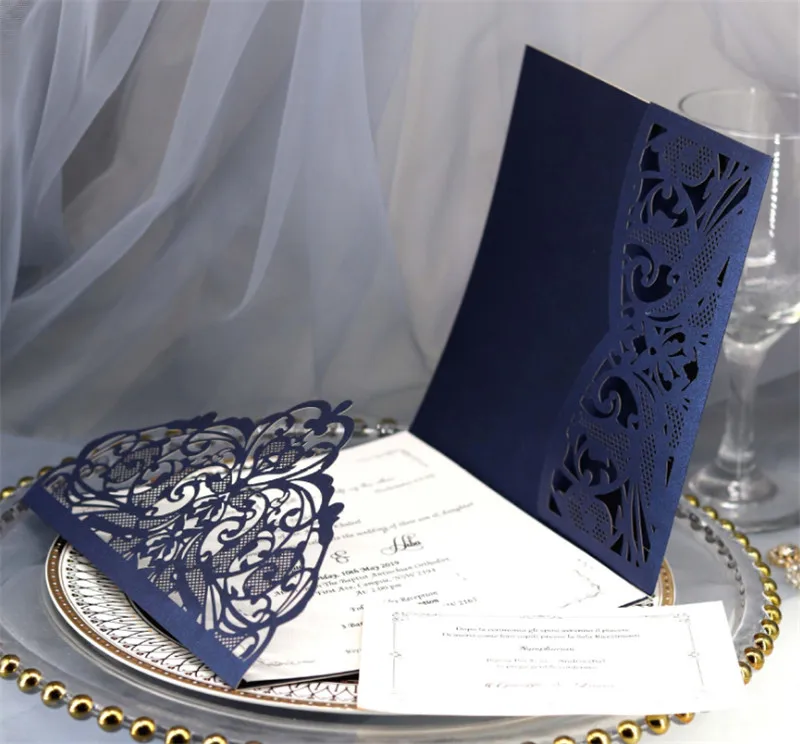 Fall winter wedding invitations making navy blue flower pocket wedding cards party supply