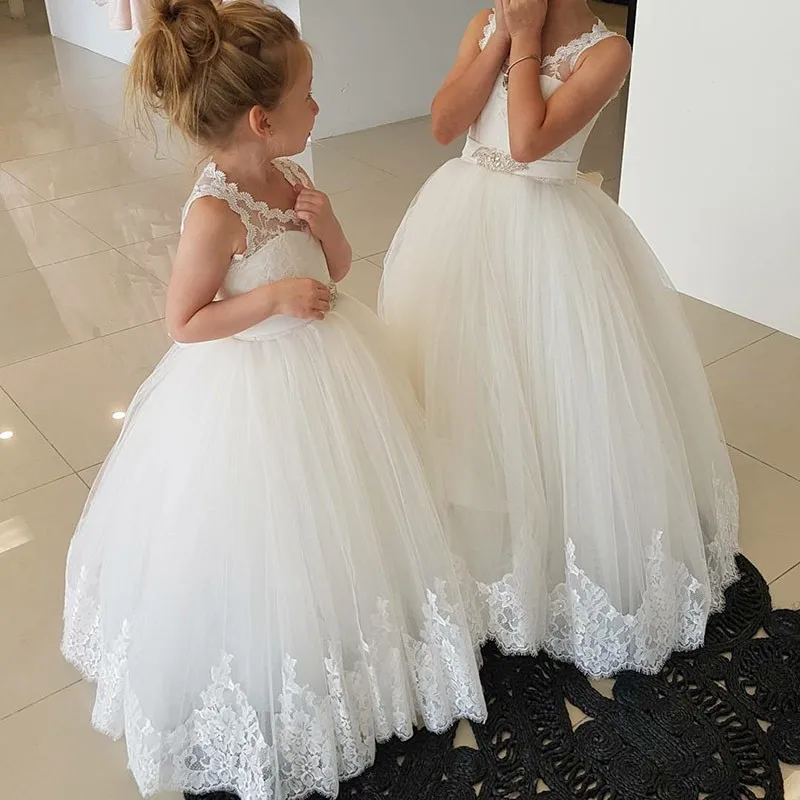 

First Communion Dresses for Girls 2019 Ball Gown Flower Girl Dress Scalloped Neck Lace Appliques Backless primera comunion