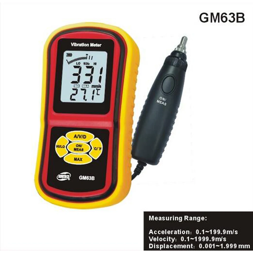 การสั่นสะเทือนแบบดิจิตอลขนาด GM63B การเร่ง 0.1 ~ 199.9 เมตร/วินาที Velocity 0.1 ~ 1999.9 เมตร/วินาที Vibrometer