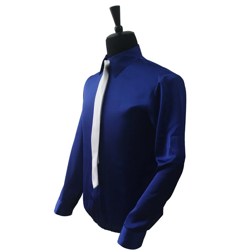 Retro MJ Michael Jackson Smooth Criminal Bule Shine Shirt & Tie Thread Gluing Performance Halloween Show Clothing No Button