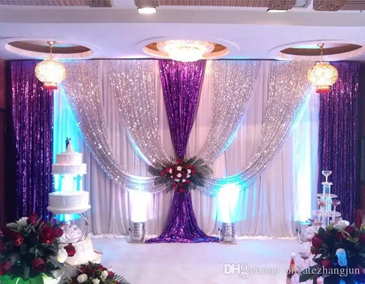 Express free 3x6M meter shipping ice silk wedding stage backdrops decoration romantic wedding curtain with swags sequins