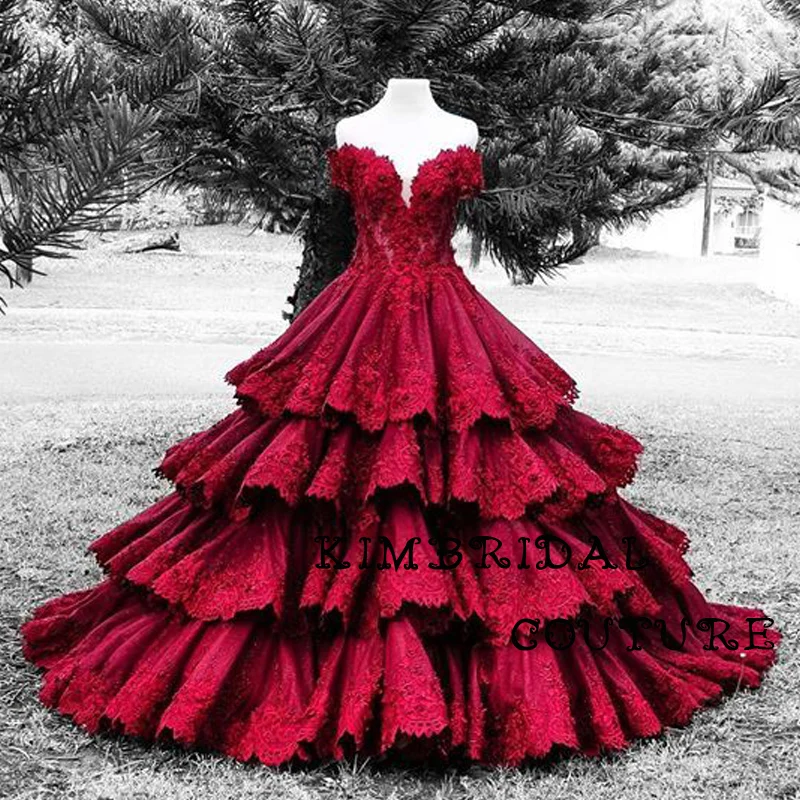 Vestidos de Noche largos hasta el suelo, escote Corazón, Espalda descubierta, Apliques de encaje escalonados, flores 3D de cristal, vestido de graduación, rojo vino