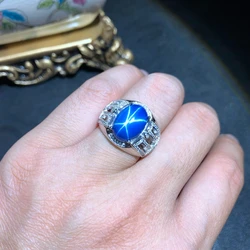 classic shiny blue Star Sapphire gemstone ring silver fine jewelry muscular power ring birthday gift men ring attractive