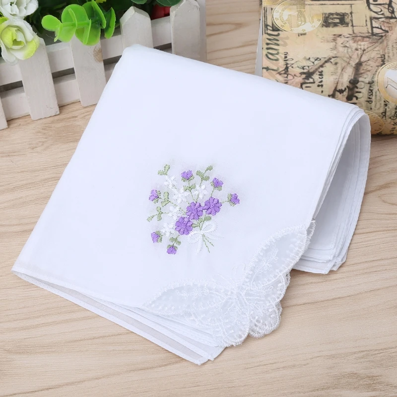 6 Pcs Vintage Cotton Ladies Embroidered Lace Handkerchief Women Floral Hanky17